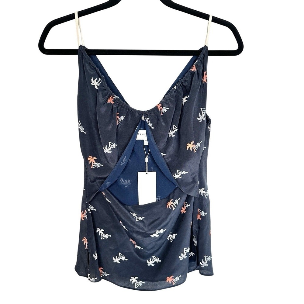 EQUIPMENT Femme Alexandrine 100% Silk Top 4 Navy Blue Palm Tree Print Cutout NEW